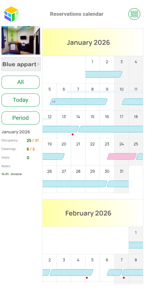 Monthly reservation calendar for one apartment