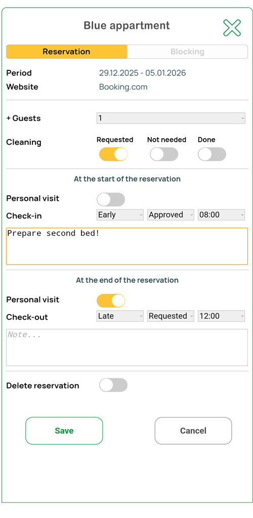 Reservation details and cleaning status